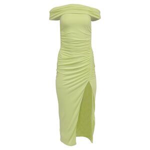 Self-Portrait Off-Shoulder Ruched Midi Dress in Lime Green Viscose